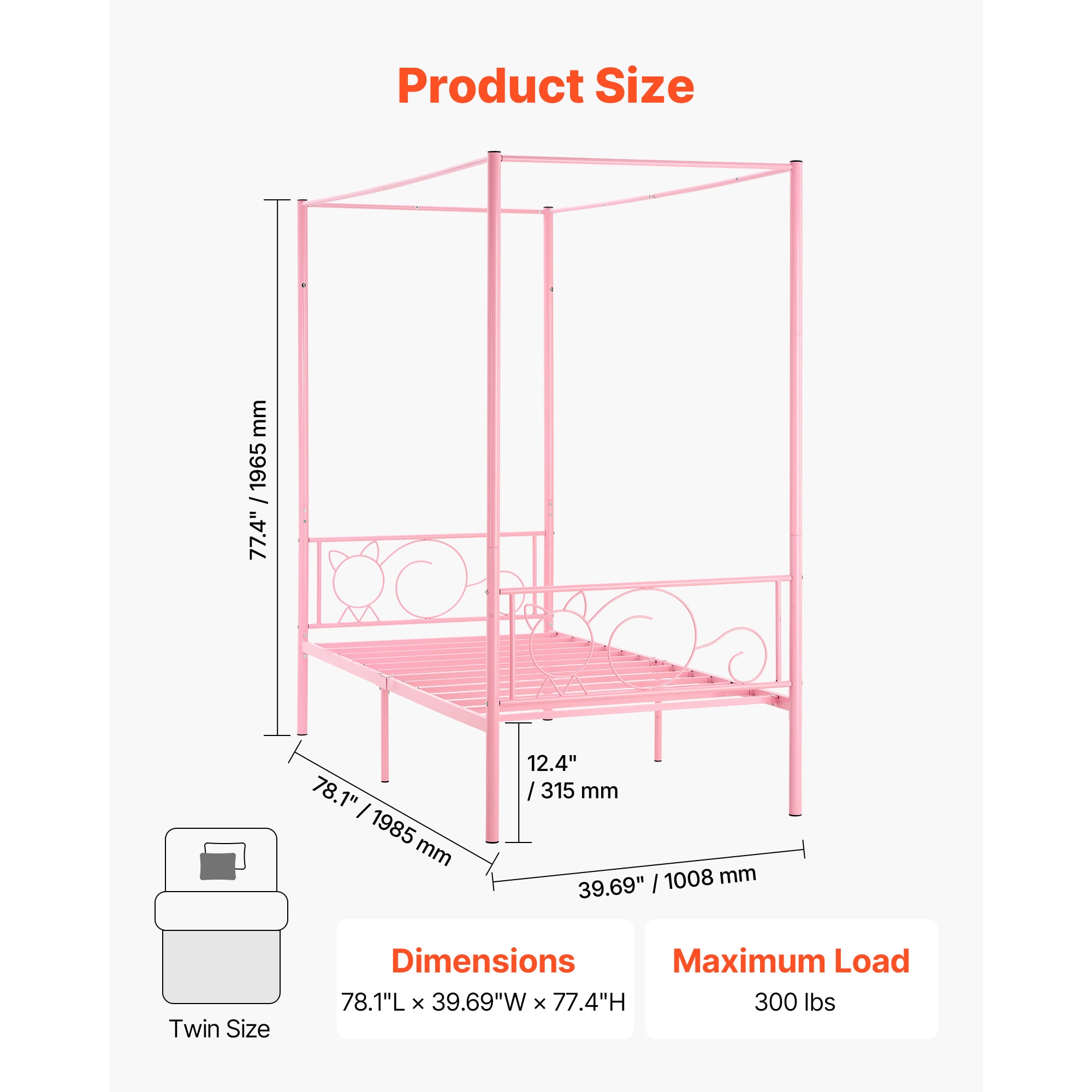 Twin Size Canopy Bed Frame Metal Canopy Bed With Headboard & Four Posters_voghion.com